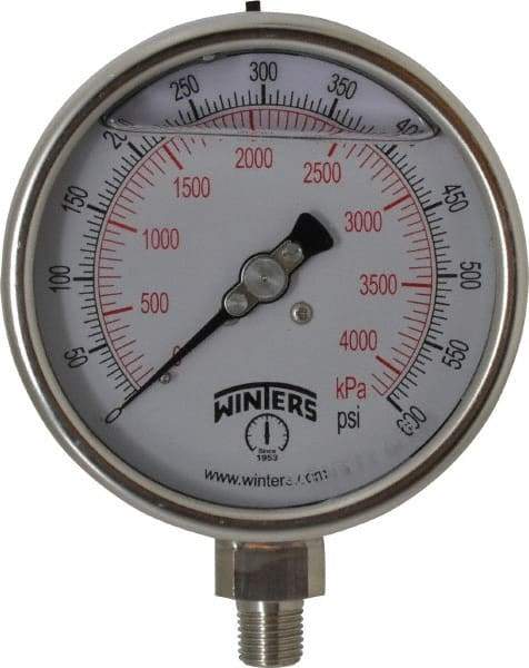 Winters - 4" Dial, 1/4 Thread, 0-600 Scale Range, Pressure Gauge - Lower Connection Mount, Accurate to 1% of Scale - Exact Tool & Supply