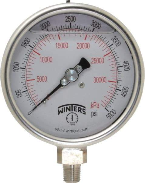 Winters - 4" Dial, 1/4 Thread, 0-5,000 Scale Range, Pressure Gauge - Lower Connection Mount, Accurate to 1% of Scale - Exact Tool & Supply
