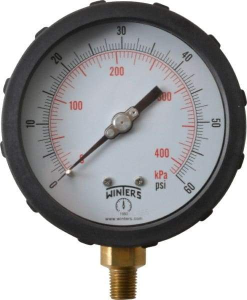 Winters - 4" Dial, 1/4 Thread, 0-60 Scale Range, Pressure Gauge - Lower Connection Mount, Accurate to 1% of Scale - Exact Tool & Supply