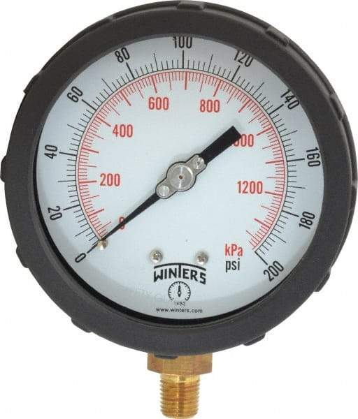 Winters - 4" Dial, 1/4 Thread, 0-200 Scale Range, Pressure Gauge - Lower Connection Mount, Accurate to 1% of Scale - Exact Tool & Supply