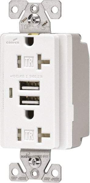 Cooper Wiring Devices - 2 USB Port, 2 Receptacle, 125 VAC, 5 VDC USB Receptacle - 5-15R NEMA Configuration, 20 Amp, Black, 2.1 Amp Charging Power, Automatic Grounding, Screw Mount - Exact Tool & Supply