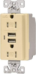 Cooper Wiring Devices - 2 USB Port, 2 Receptacle, 125 VAC, 5 VDC USB Receptacle - 5-15R NEMA Configuration, 15 Amp, Ivory, 2.1 Amp Charging Power, Automatic Grounding, Screw Mount - Exact Tool & Supply