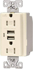 Cooper Wiring Devices - 2 USB Port, 2 Receptacle, 125 VAC, 5 VDC USB Receptacle - 5-15R NEMA Configuration, 15 Amp, Light Almond, 2.1 Amp Charging Power, Automatic Grounding, Screw Mount - Exact Tool & Supply