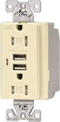 Cooper Wiring Devices - 2 USB Port, 2 Receptacle, 125 VAC, 5 VDC USB Receptacle - 5-15R NEMA Configuration, 15 Amp, Almond, 2.1 Amp Charging Power, Automatic Grounding, Screw Mount - Exact Tool & Supply