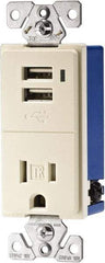 Cooper Wiring Devices - 2 USB Port, 1 Receptacle, 125 VAC, 5 VDC USB Receptacle - 5-15R NEMA Configuration, 15 Amp, Light Almond, Screw Mount - Exact Tool & Supply