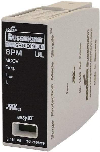 Cooper Bussmann - 1 Pole, 1 Phase, 20 kA Nominal Current, 90mm Long x 18mm Wide x 65mm Deep, Thermoplastic Hardwired Surge Protector - DIN Rail Mount, 125 kA Short Circuit Current, 347 VAC, 600 VAC Operating Voltage, 40 kA Surge Protection - Exact Tool & Supply