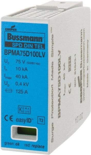 Cooper Bussmann - 1 Pole, 1 Phase, 10 kA Nominal Current, 90mm Long x 18mm Wide x 65mm Deep, Thermoplastic Hardwired Surge Protector - DIN Rail Mount, 100 VDC, 75 VAC, 100 VDC, 75 VAC Operating Voltage, 40 kA Surge Protection - Exact Tool & Supply