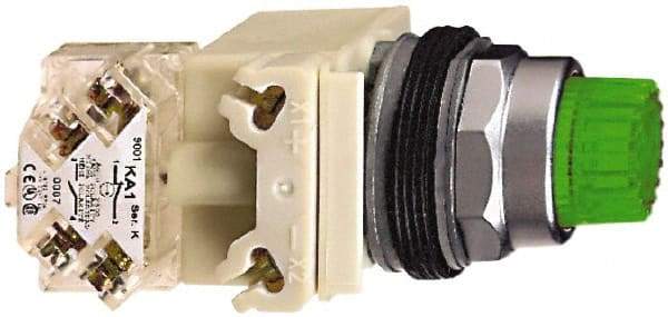 Square D - 1.18 Inch Mount Hole, Pushbutton Switch Only - Round, Green Pushbutton, Illuminated, Momentary (MO), Shock and Vibration Resistant - Exact Tool & Supply