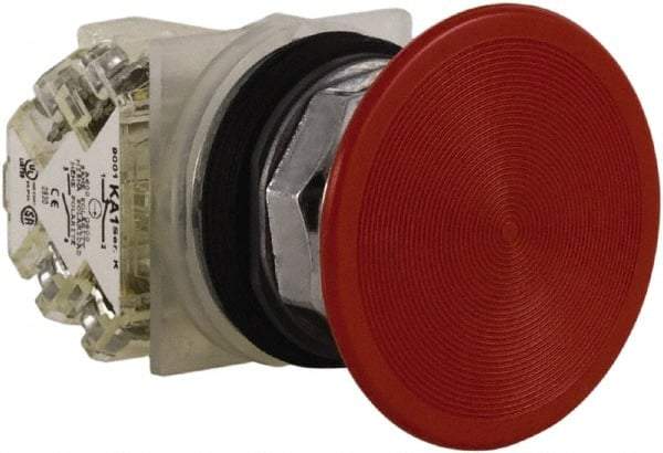 Square D - 30mm Mount Hole, Extended Mushroom Head, Pushbutton Switch Only - Round, Red Pushbutton, Nonilluminated, Momentary (MO), Dusttight, Oiltight and Watertight - Exact Tool & Supply