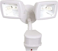 Cooper Lighting - 2 Head, 90 Ft. Detection, 270° Angle, Halogen Lamp Motion Sensing Light Fixture - 120 Volt, 200 Watt, Metal White Housing, Wall, Eave Mounted - Exact Tool & Supply