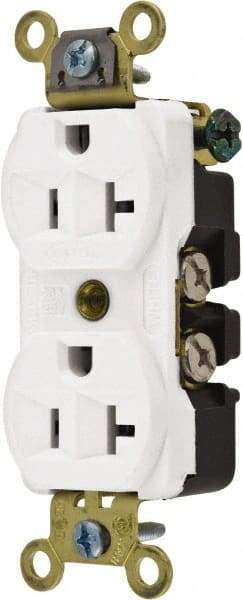 Hubbell Wiring Device-Kellems - 125 VAC, 20 Amp, 5-20R NEMA Configuration, White, Industrial Grade, Self Grounding Duplex Receptacle - 1 Phase, 2 Poles, 3 Wire, Flush Mount, Corrosion, Heat and Impact Resistant - Exact Tool & Supply