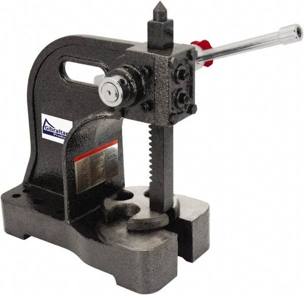 Gibraltar - 1-3/4" Ram, 8-3/8" Throat Depth, 4 Ton Manual Arbor Press - 15-3/4" Max Work Height x 20" Max Work Width, Single Leverage, 20:1 Leverage Ratio, 10" Base Width x 10-1/4" Base Depth - Exact Tool & Supply