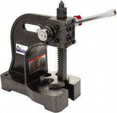 Gibraltar - 1-1/2" Ram, 5-1/4" Throat Depth, 3 Ton Manual Arbor Press - 12-1/2" Max Work Height x 16-1/2" Max Work Width, Single Leverage, 20:1 Leverage Ratio, 8-1/2" Base Width x 10" Base Depth - Exact Tool & Supply