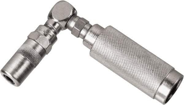 DeWALT - 10,000 Operating psi, Nickel Plated Aluminum Body/Brass Nozzle 90° Angle Adapter Grease Gun Coupler - NPT Thread - Exact Tool & Supply