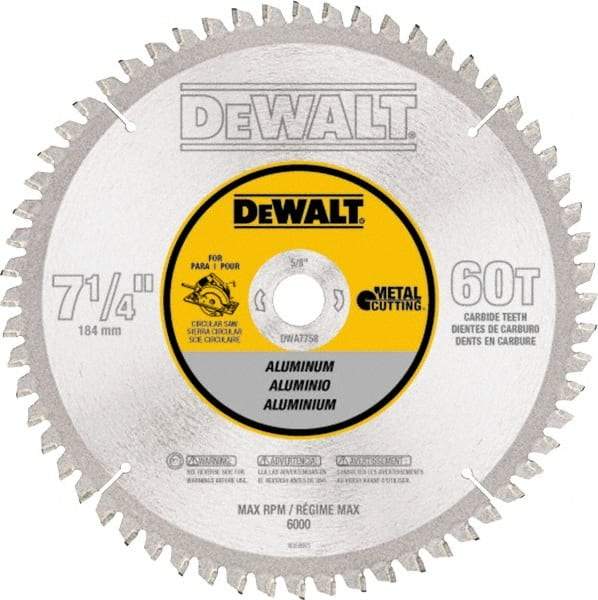 DeWALT - 7-1/4" Diam, 5/8" Arbor Hole Diam, 60 Tooth Wet & Dry Cut Saw Blade - High Speed Steel, Crosscut Action, Standard Round Arbor - Exact Tool & Supply
