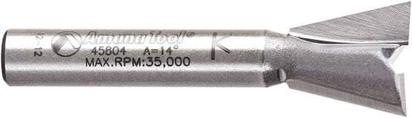Amana Tool - 1/2" Cut Diam, 1/2" Length of Cut, 2 Flute Dovetail Edge Profile Router Bit - Carbide-Tipped, 1/4" Shank Diam, 1-3/4" OAL, Uncoated - Exact Tool & Supply