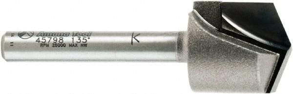 Amana Tool - 23/32" Cut Diam, 1/2" Length of Cut, 2 Flute V-Groove Edge Profile Router Bit - Carbide-Tipped, 1/4" Shank Diam, 2-1/4" OAL, Uncoated - Exact Tool & Supply