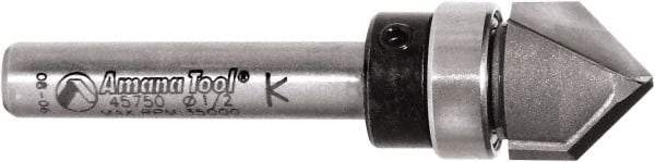 Amana Tool - 1/2" Cut Diam, 1/2" Length of Cut, 2 Flute V-Groove Edge Profile Router Bit - Carbide-Tipped, 1/4" Shank Diam, 2" OAL, Uncoated - Exact Tool & Supply
