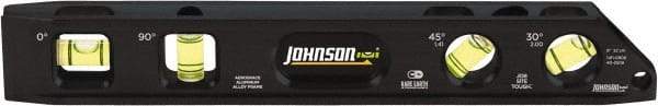 Johnson Level & Tool - Magnetic 9" Long 4 Vial Torpedo Level - Aluminum, Black, 1 30°, 1 45°, 1 Plumb & 1 Level Vial - Exact Tool & Supply