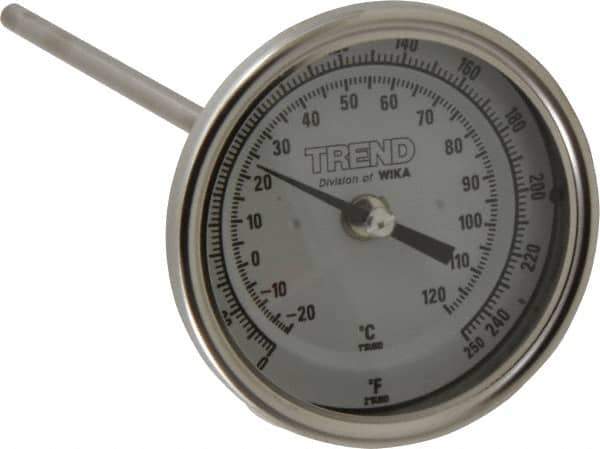 Wika - 9 Inch Long Stem, 3 Inch Dial Diameter, Stainless Steel, Back Connected Bi-Metal Thermometer - -20 to 120°C, 1% Accuracy - Exact Tool & Supply