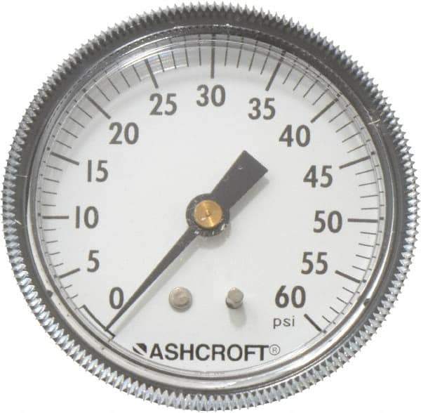 Ashcroft - 2-1/2" Dial, 1/4 Thread, 0-60 Scale Range, Pressure Gauge - Center Back Connection Mount - Exact Tool & Supply