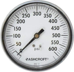 Ashcroft - 3-1/2" Dial, 1/4 Thread, 0-600 Scale Range, Pressure Gauge - Center Back Connection Mount - Exact Tool & Supply