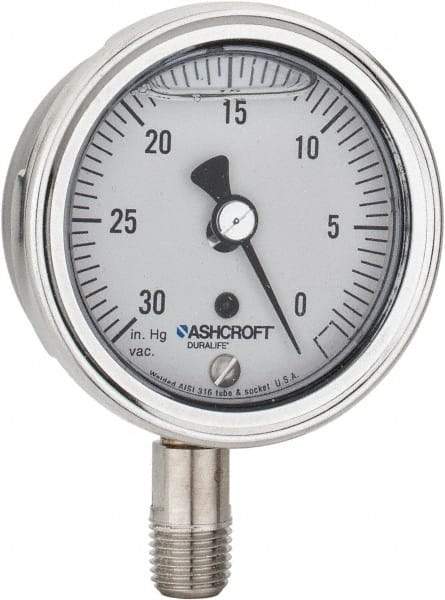 Ashcroft - 2-1/2" Dial, 1/4 Thread, 30-0 Scale Range, Pressure Gauge - Lower Connection Mount, Accurate to 1% of Scale - Exact Tool & Supply