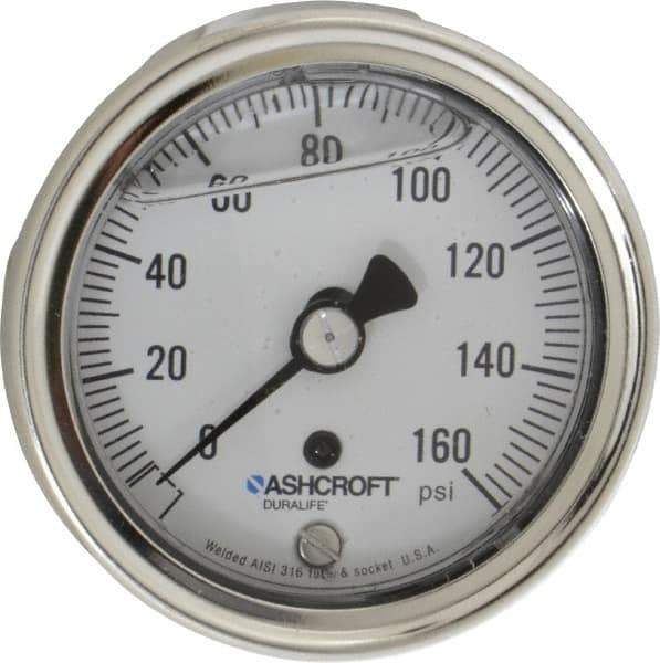 Ashcroft - 2-1/2" Dial, 1/4 Thread, 0-160 Scale Range, Pressure Gauge - Center Back Connection Mount, Accurate to 1% of Scale - Exact Tool & Supply