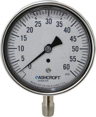 Ashcroft - 3-1/2" Dial, 1/4 Thread, 0-60 Scale Range, Pressure Gauge - Lower Connection Mount, Accurate to 1% of Scale - Exact Tool & Supply
