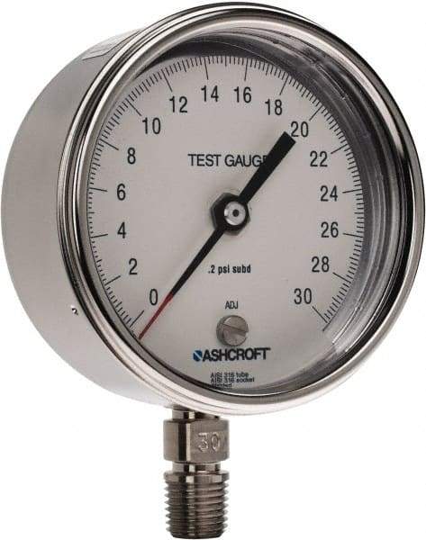 Ashcroft - 3" Dial, 1/4 Thread, 0-30 Scale Range, Pressure Gauge - Lower Connection Mount, Accurate to 0.5% of Scale - Exact Tool & Supply