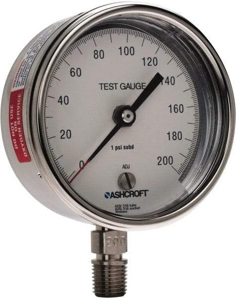 Ashcroft - 3" Dial, 1/4 Thread, 0-200 Scale Range, Pressure Gauge - Lower Connection Mount, Accurate to 0.5% of Scale - Exact Tool & Supply