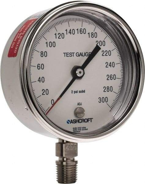 Ashcroft - 3" Dial, 1/4 Thread, 0-300 Scale Range, Pressure Gauge - Lower Connection Mount, Accurate to 0.5% of Scale - Exact Tool & Supply