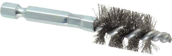 Schaefer Brush - 1/2 Inch Inside Diameter, 11/16 Inch Actual Brush Diameter, Carbon Steel, Power Fitting and Cleaning Brush - 1/4 Shank Diameter, 3-1/8 Inch Long, Hex Shaft Stem, 5/8 Inch Refrigeration Outside Diameter - Exact Tool & Supply