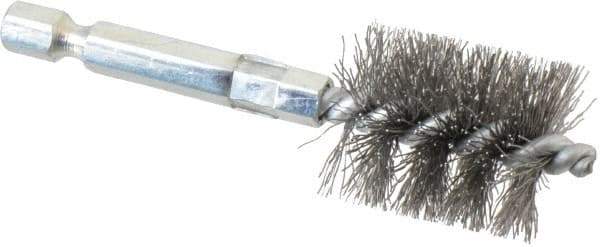 Schaefer Brush - 3/4 Inch Inside Diameter, 15/16 Inch Actual Brush Diameter, Carbon Steel, Power Fitting and Cleaning Brush - 1/4 Shank Diameter, 3-1/8 Inch Long, Hex Shaft Stem, 7/8 Inch Refrigeration Outside Diameter - Exact Tool & Supply