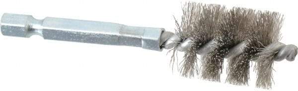 Schaefer Brush - 5/8 Inch Inside Diameter, 13/16 Inch Actual Brush Diameter, Stainless Steel, Power Fitting and Cleaning Brush - 1/4 Shank Diameter, 3-1/8 Inch Long, Hex Shaft Stem, 3/4 Inch Refrigeration Outside Diameter - Exact Tool & Supply