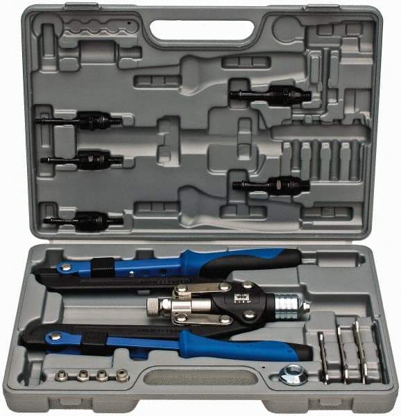 RivetKing - 1/8 to 1/4" Blind Rivet/Rivet Nut Tool Kit - Includes 5/32, 3/16, 1/4, #10-32, 1/4-20, 3/8-16, 5/16-18, Nose Pieces for Blind Rivets, Mandrels - Exact Tool & Supply