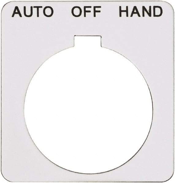 Schneider Electric - Square, Plastic Legend Plate - Auto-Off-Hand - White Background, Black Letters, 1.22 Inch Hole Diameter, 1-3/4 Inch Square - Exact Tool & Supply