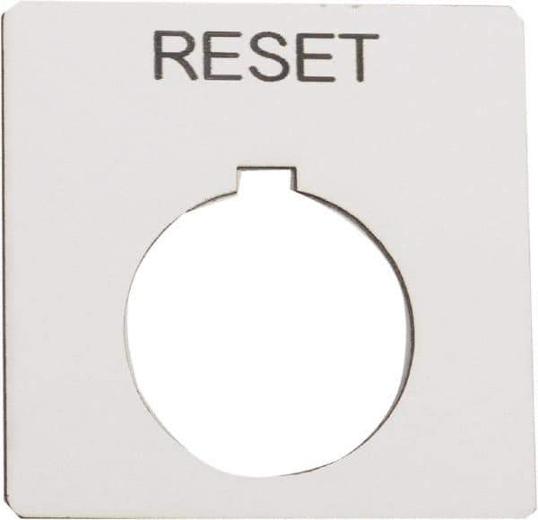 Schneider Electric - Square, Plastic Legend Plate - Reset - White Background, Black Letters, 1.2 Inch Hole Diameter, 2-1/4 Inch Square - Exact Tool & Supply
