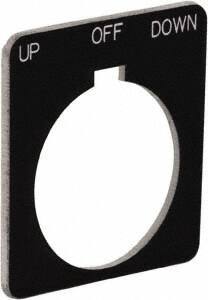 Schneider Electric - Square, Plastic Legend Plate - Up-Off-Down - Black Background, White Letters, 1.22 Inch Hole Diameter, 1-3/4 Inch Square - Exact Tool & Supply
