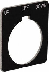 Schneider Electric - Square, Plastic Legend Plate - Up-Off-Down - Black Background, White Letters, 1.22 Inch Hole Diameter, 1-3/4 Inch Square - Exact Tool & Supply