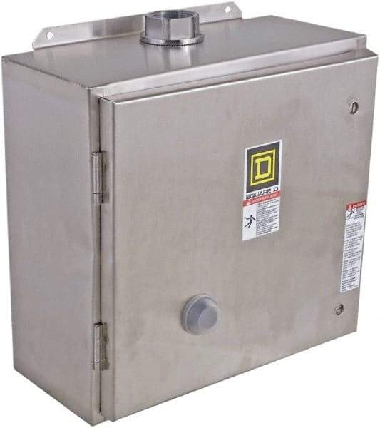 Square D - 208 Coil VAC at 60 Hz, 45 Amp, NEMA Size 2, Reversible Enclosed Enclosure NEMA Motor Starter - 3 Phase hp: 10 at 200 VAC, 15 at 230 VAC, 25 at 460 VAC, 25 at 575 VAC, 4x Enclosure Rating - Exact Tool & Supply