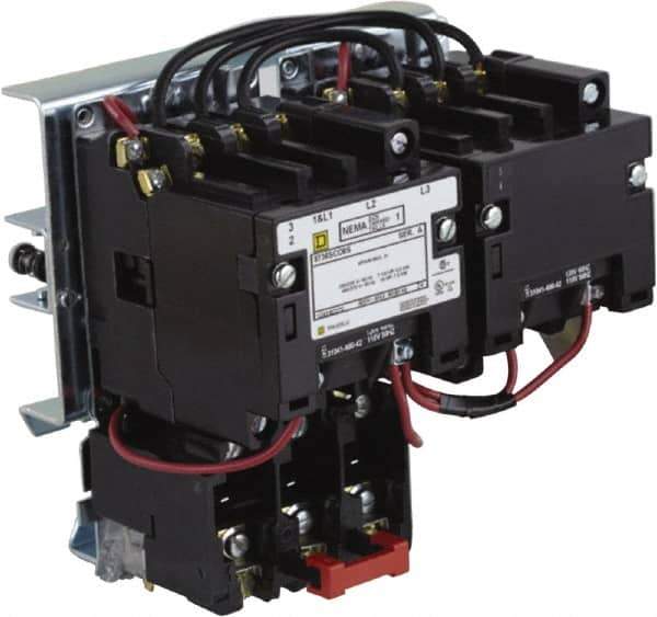 Square D - 220 Coil VAC at 50 Hz, 240 Coil VAC at 60 Hz, 27 Amp, NEMA Size 1, Reversible Open Enclosure NEMA Motor Starter - 1 Phase hp: 2 at 115 VAC, 3 at 230 VAC - Exact Tool & Supply