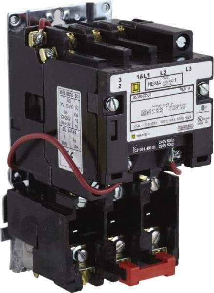 Square D - 277 Coil VAC at 60 Hz, 27 Amp, NEMA Size 1, Nonreversible Open Enclosure NEMA Motor Starter - 3 Phase hp: 10 at 460 VAC, 10 at 575 VAC, 7-1/2 at 200 VAC, 7-1/2 at 230 VAC - Exact Tool & Supply