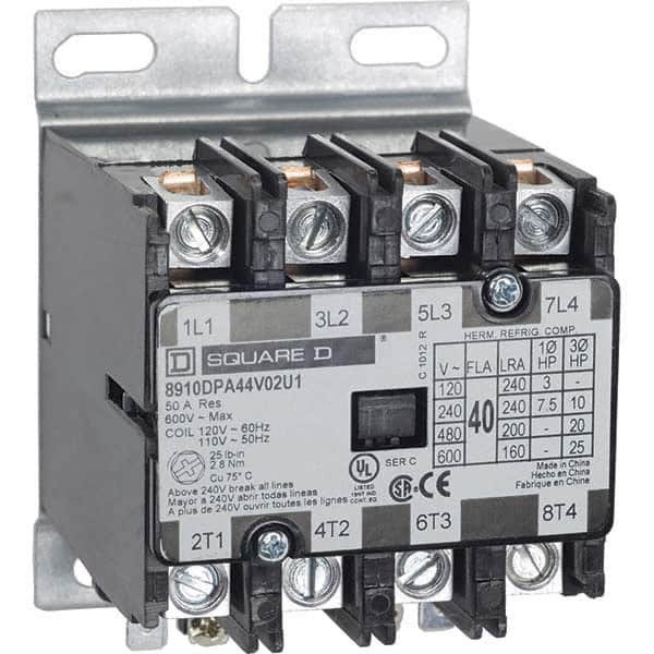 Square D - 4 Pole, 40 Amp Inductive Load, 600 Coil VAC, Definite Purpose Contactor - Exact Tool & Supply