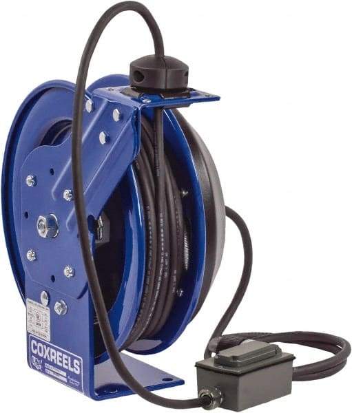 CoxReels - 12 AWG, 30' Cable Length, Cord & Cable Reel with Duplex GFCI Outlet Box End - 2 Outlets, NEMA 5-20R, 20 Amps, 115 Volts, SJO Cable, Blue Reel, Spring Driven Reel - Exact Tool & Supply