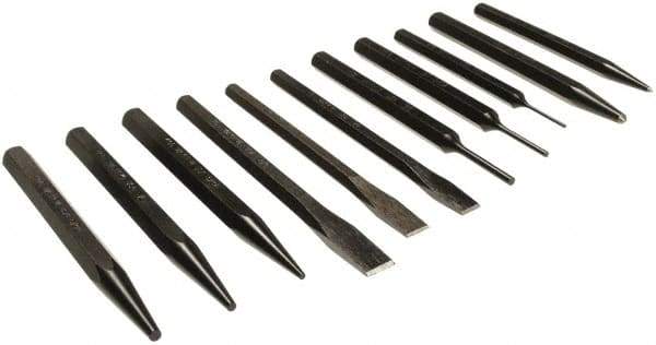Mayhew - 11 Piece Punch & Chisel Set - 1/4 to 3/8" Chisel, 1/16 to 1/4" Punch, Hex Shank - Exact Tool & Supply