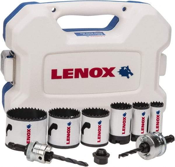 Lenox - 9 Piece, 7/8" to 2-1/4" Saw Diam, Electrician's Hole Saw Kit - Bi-Metal, Toothed Edge, Includes 6 Hole Saws - Exact Tool & Supply