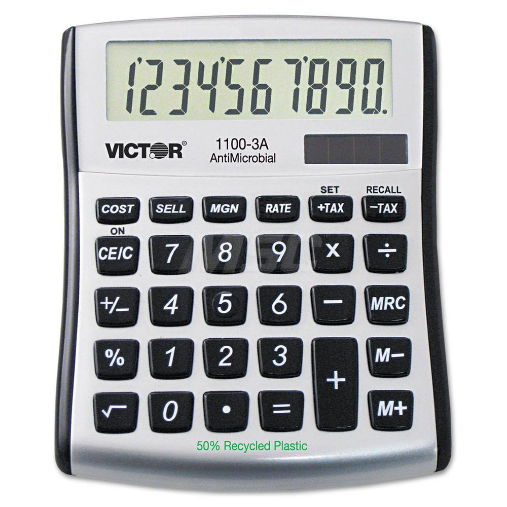 Victor - Calculators; Type: Desktop Calculator ; Type of Power: Solar/Battery ; Display Type: 10-Digit LCD ; Color: Silver ; Display Size: 16mm ; Width (Decimal Inch): 4.5000 - Exact Tool & Supply