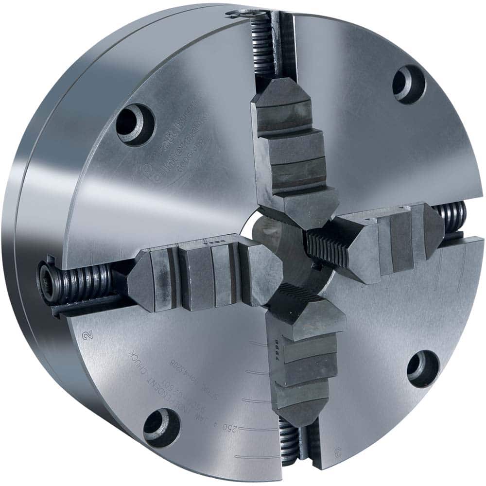 Pratt Burnerd America - Manual Lathe Chucks; Chuck Type: Independent ; Nominal Chuck Size: 8 ; Number of Jaws: 4 ; Mount: Plain Back ; Through-Hole Diameter (Decimal Inch): 1.9700 ; Body Material: Cast Iron (Semi-Steel) - Exact Tool & Supply