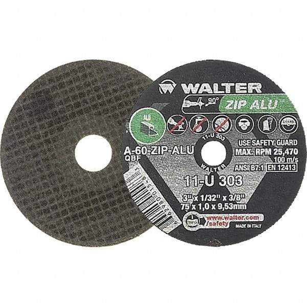 WALTER Surface Technologies - 3" 60 Grit Aluminum Oxide Cutoff Wheel - 1/32" Thick, 3/8" Arbor, 25,470 Max RPM, Use with Die Grinders - Exact Tool & Supply